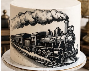 May include: A cylindrical white cake featuring a detailed black graphic illustration of a steam locomotive train traveling on tracks, with thick smoke billowing from the smokestack and the text print_edible_toppers at the base.