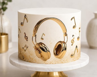 May include: A cylindrical cake with smooth white frosting featuring a central metallic gold pair of headphones and scattered gold musical notes. The base of the cake has a gold glitter gradient effect, and it sits on a white marble cake stand.