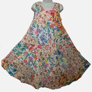 May include: A sleeveless, patchwork dress featuring a variety of floral patterns in shades of pink, blue, yellow, and purple. The dress has a scoop neckline and a flowing, A-line silhouette. The fabric appears to be lightweight and suitable for warm weather.