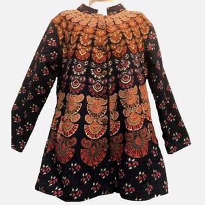 May include: A long-sleeved, button-down jacket with a mandarin collar. The jacket features a black background with an intricate pattern in shades of orange, red, and brown. The pattern is repeated throughout the jacket, creating a cohesive design.
