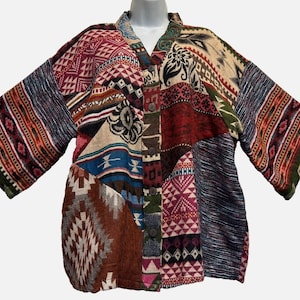 Nwt SACRED THREADS hippy patch boho funky flannel kimono top tunic  1X
