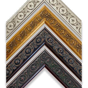 May include: Four stacked corner sections of picture frames featuring an ornate relief pattern of five-pointed stars enclosed in circular borders, accented by scrolling vine motifs. The frames are finished in silver, gold, black, and dark green.
