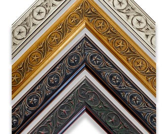 May include: Four stacked corner sections of picture frames featuring an ornate relief pattern of five-pointed stars enclosed in circular borders, accented by scrolling vine motifs. The frames are finished in silver, gold, black, and dark green.