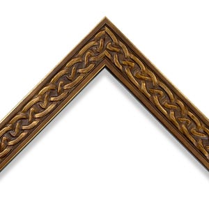 May include: An L-shaped corner section of a picture frame featuring a raised, continuous Celtic knotwork pattern. The frame has a metallic bronze finish with dark brown antiquing in the recessed areas to highlight the intricate, woven design.