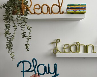 KNitted Wire Read Learn Play Word Sign, Nursery Hanging Wall Decor, Bedroom Shelf Decor, Reading Corner, Lets Read, Lets Play, Nursery Decor