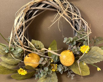 Woven Rattan Wreath with Pears | Spring Pear Wreath | Rustic Wreath | Spring Fruit  Wreath | Natural Rattan Pear Wreath | Home Decor |