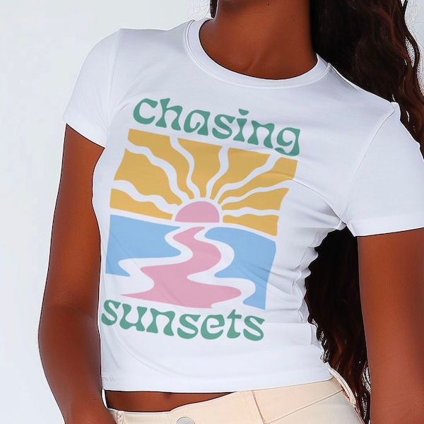 Chasing Sunsets Y2K Baby Tee, Summer Beach Vibes Snug Fit Crop Top, Pastel Retro Graphic T-Shirt, Coconut Girl Trendy Aesthetic Boho Shirt