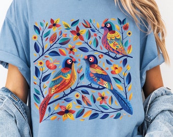 Folk Art Bird Graphic Tee - Comfort Colors Floral Parrot Design