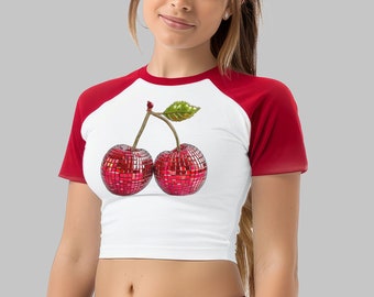 Disco Ball Cherries Y2K Baby Tee, Snug Fit Party Crop Top, Retro Glitter Fruit Graphic, Trendy Raglan T-Shirt Spaghetti Strap Muscle Tank