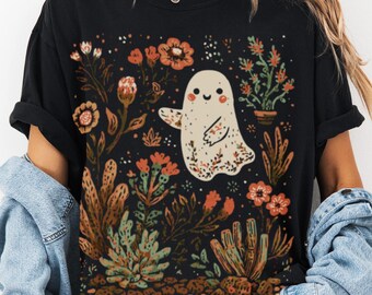 Maglietta con colori floreali e fantasma, maglietta botanica di Halloween