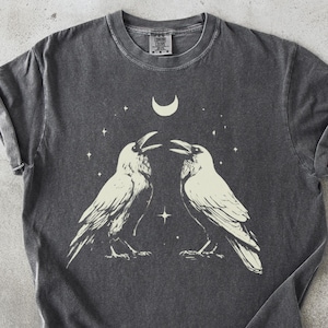Gothic Two Ravens T-Shirt: Celestial Moon & Stars Design