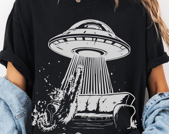 Grappig T-shirt kat met buitenaardse ontvoering: T-shirt met ufo-humor
