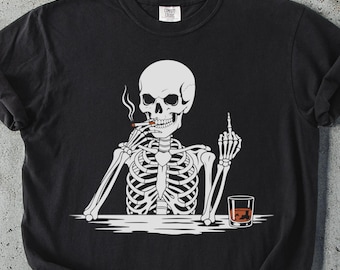 Drinking Skeleton T-Shirt: Funny Middle Finger Graphic Tee