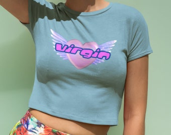 Y2K Virgin Baby Tee, Angel Wings Crop Top, Playful Heart Graphic T-Shirt, Trendy Aesthetic Snug Fit Crop Top, Cyber Y2K Shirt