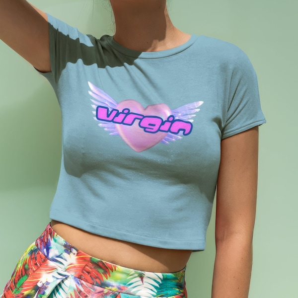Y2K Virgin Baby Tee, Angel Wings Crop Top, Playful Heart Graphic T-Shirt, Trendy Aesthetic Snug Fit Crop Top, Cyber Y2K Shirt