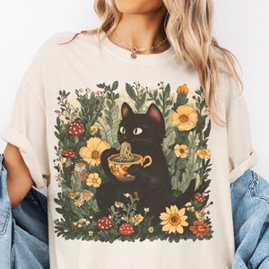 Cat Eating Ramen Shirt, Japanese Noodle Lover Tee, Comfort Colors Foodie Gift, Anime Black Cat T-Shirt, Cottagecore TShirt