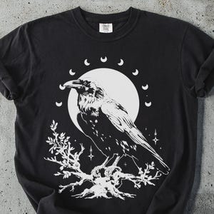 Raven Moon Phases T-Shirt: Gothic Celestial Bird Tee