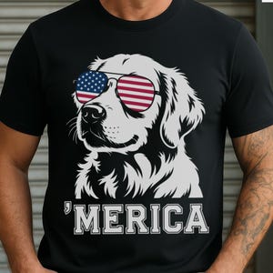 愛国的なゴールデンレトリバーTシャツ：アメリカ国旗サングラス、独立記念日犬Tシャツ