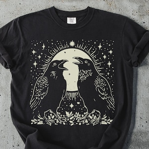Raven Gothic T-Shirt: Two Crows, Moon & Stars Design