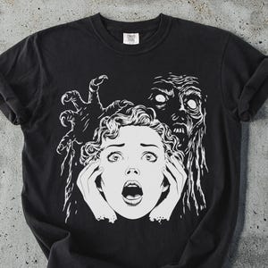 Camiseta de terror, ataque zumbi, estilo vintage, camiseta gráfica assustadora, fantasia de Halloween, presente assustador, camiseta para fãs de filmes de suspense, assustador