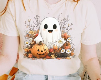 Camiseta Ghost Comfort Colors de Halloween, Camiseta Floral de Abóbora