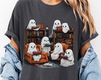 Camiseta de Halloween com Fantasma da Leitura: Blusa de Outono Assustadora e Literária