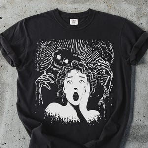 Horror T-Shirt, Scary Monster Tee, Spooky Graphic T Shirt, Woman Fear, Creepy Halloween Shirt, Dark Art Apparel, Thriller Gift Idea