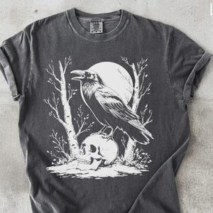 Raven and Skull T-Shirt, Gothic Moon Tee, Dark Bird on Skull Shirt, Spooky Nature Design, Emo Raven Apparel, Halloween Gift Ideas, Graphic