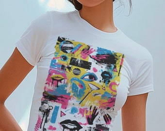 Y2K Collage Baby Tee, 90s Urban Art Splash Graphic Tee, Edgy Street Style Print, Vibrant T-Shirt, Bold Artsy Fashion Statement Crop Top