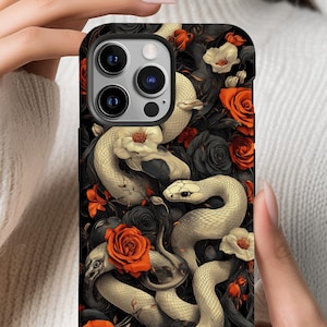 Custodia per iPhone 16 15 14 Pro Max con motivo serpente e rose gotiche, cover per Galaxy S24 Ultra con motivo floreale scuro, custodia per Pixel 9 8 7 XL, regalo estetico di Halloween