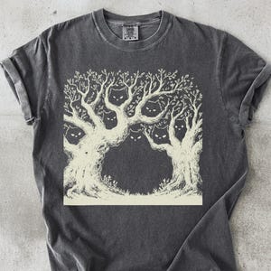 Spooky Cat Eyes Tree T-Shirt: Gothic Halloween Graphic Tee