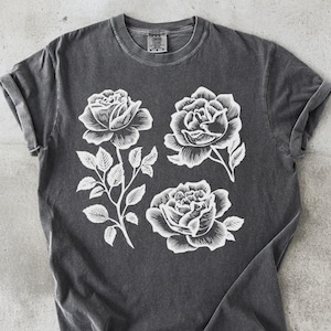 Engraved Roses T-Shirt: Comfort Colors Floral Art Tee