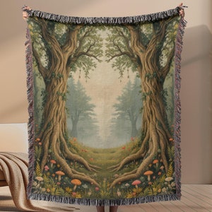 Enchanted Forest Woven Blanket Tapestry, Woodland Fairy Tale Decor, Mystical Nature Wall Hanging, Boho Forest Home Decor