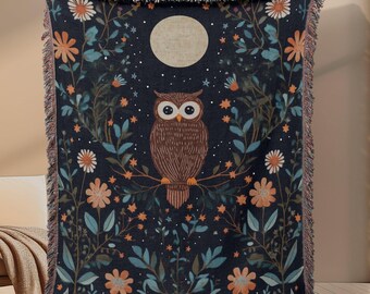 Owl Moon Woven Blanket: Celestial Stars Cotton Throw
