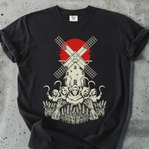 Creepy Harvest T-Shirt, Grim Reapers, Windmill Tee, Spooky Season Shirt, Unique Graphic Tee, Halloween Apparel, Dark Humor Gift