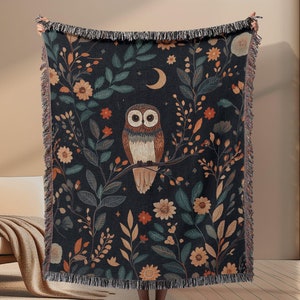 Owl Woven Blanket, Floral Tapestry Throw, Fantasy Woodland Home Decor