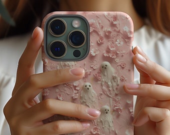 ピンクの花柄ゴーストスマホケース、ハロウィン