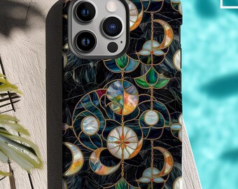 Gebrandschilderd glas maanfase telefoonhoesje, celestial cover