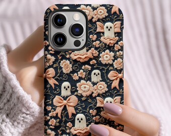 ゴーストiPhoneケース、ピンクの花柄リボン、ハロウィン