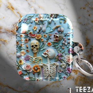 Estuche con diseño floral y esqueleto para AirPods Gen 1, 2, 3 y 4 Pro, funda de carga inalámbrica con diseño de jardín gótico, regalo estético espeluznante para ella