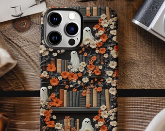 Bookish Ghost Phone Case: Halloween Floral Design, Glossy or Matte