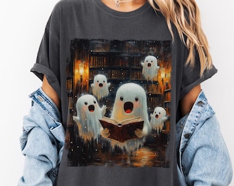 Camiseta de la biblioteca de fantasmas literarios, regalo de Halloween para amantes de los libros