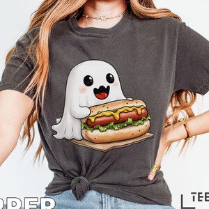 Cute Ghost with Hot Dog T-Shirt, Spooky Halloween Comfort Colors® Tee, Adorable Ghost Lover Gift, Fall Cozy Top