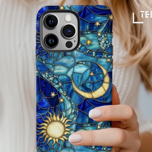 Stained Glass Moon Sun Phone Case: Celestial Galaxy Design