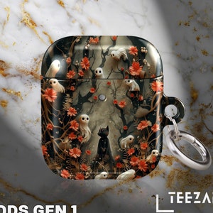 Cute Ghosts Black Cat AirPods Gen 1 2 3 Pro Case, Halloween Floral Wireless Charging Cover, Spooky Aesthetic Gift for Her