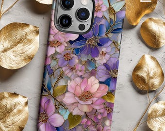Floral Stained Glass Phone Case, Cottagecore Flower Art