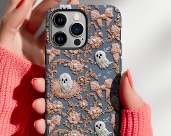 Coquette Ghost iPhone Case: Pink Bow Floral Halloween Cover