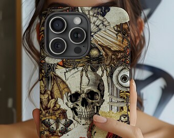 Vintage Gothic Skull Collage Phone Case: Dracula Bat Rose