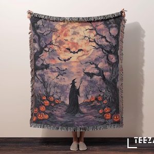 Gothic Witch Moon Woven Blanket, Spooky Halloween Tapestry Throw, Dark Fantasy Decor, Jack-O&#39;-Lantern & Bats Blanket, Witchy Halloween Gift