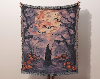 Gothic Witch Moon Woven Blanket, Halloween Tapestry Throw